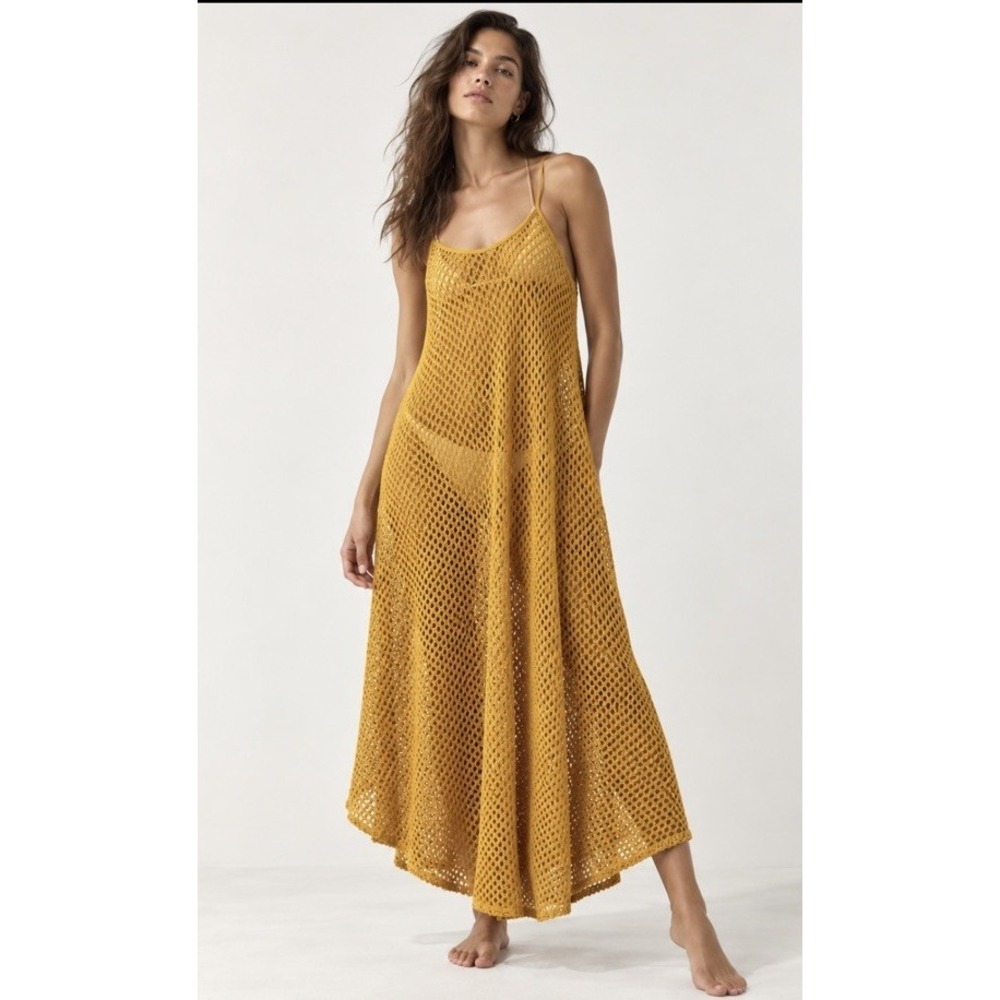 Zara Crochet Maxi Dress L Mustard Yellow Open Knit Cami Boho Beach Cover Up
